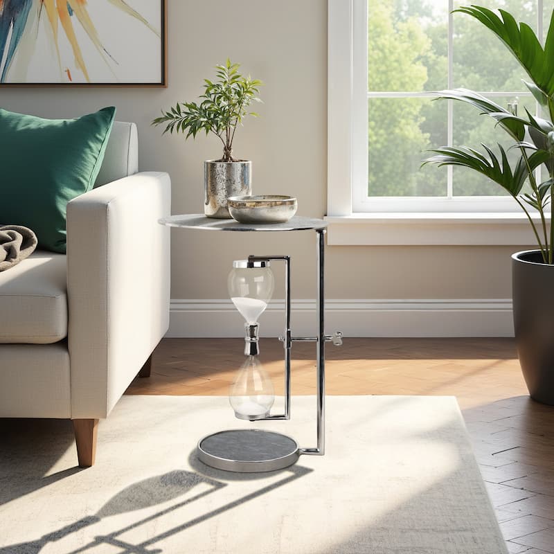 Metal Glass Accent Side Table Hourglass Base Round Design Home Decor - 16" x 16" x 23" - Black