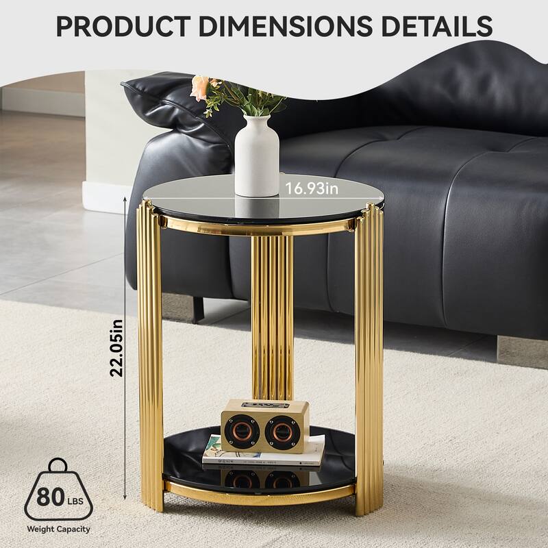 16.9 Inch Modern Round End Table with Double Layer Black Glass, Gold Stainless Steel Frame, Easy Assembly