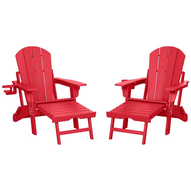 Laguna Outdoor Folding Adjustable Adirondack Chair with Cup Holder & Hideaway Ottoman (Set of 2) - Red