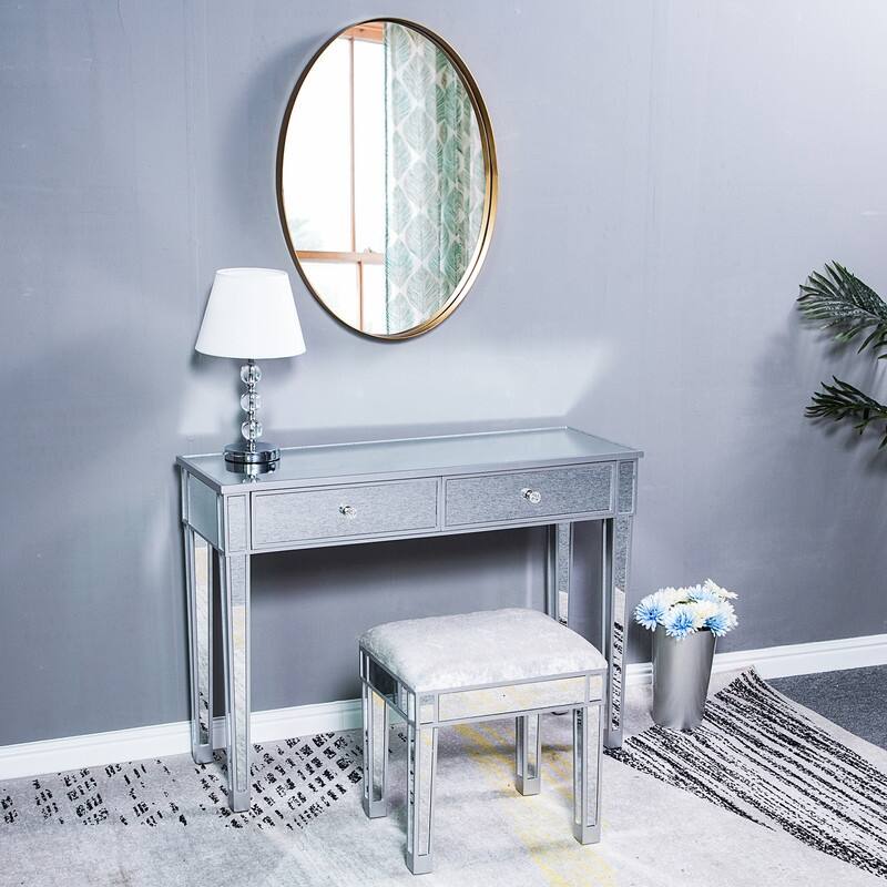 2 Drawers Mirrored Makeup Table Computer Desk Writing Desk - (41.34 x 14.17 x 29.92)" - Sliver