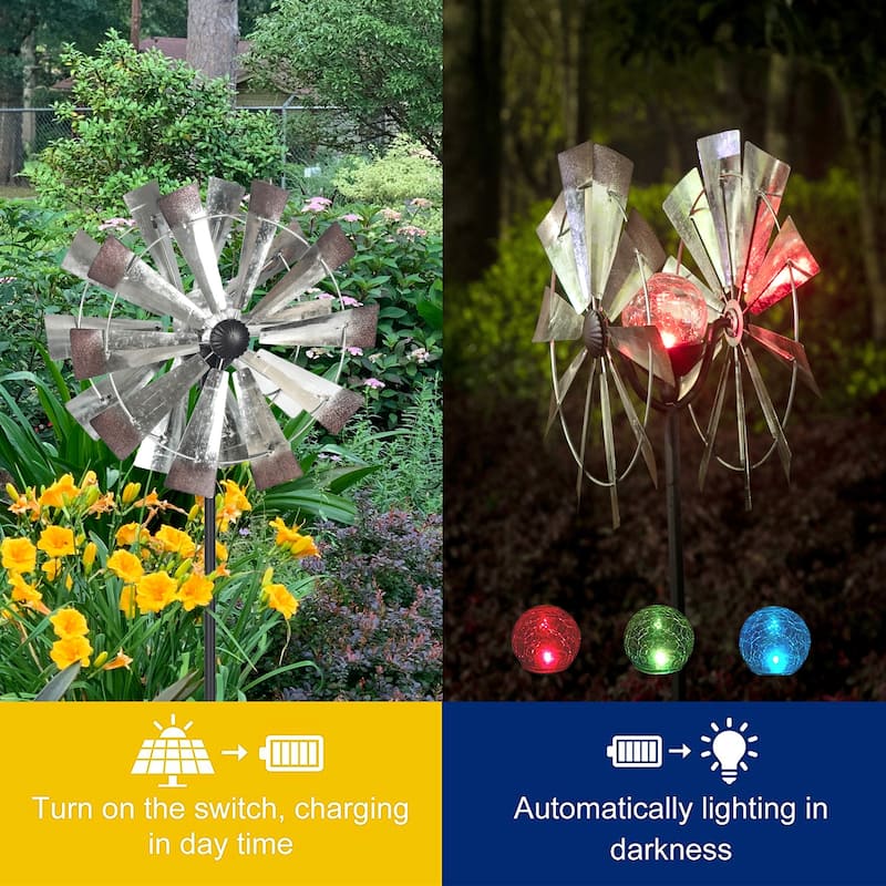 Adeco Solar Metal Wind Spinner Garden Stake with LED Lights