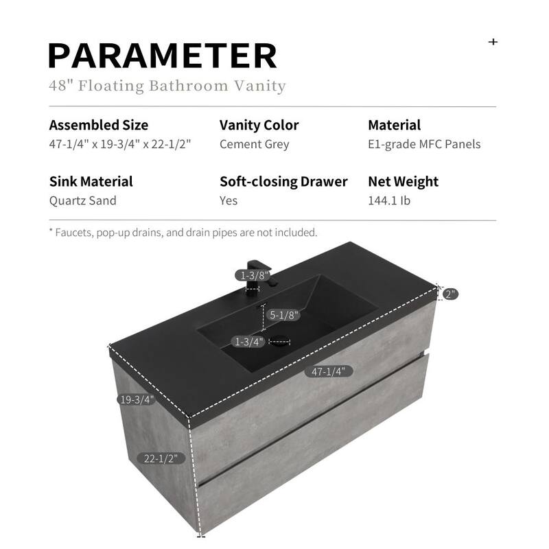 GDFStudio - Carter Floating Bathroom Vanity with Quartz Sand Countertop & Soft-Close Drawers