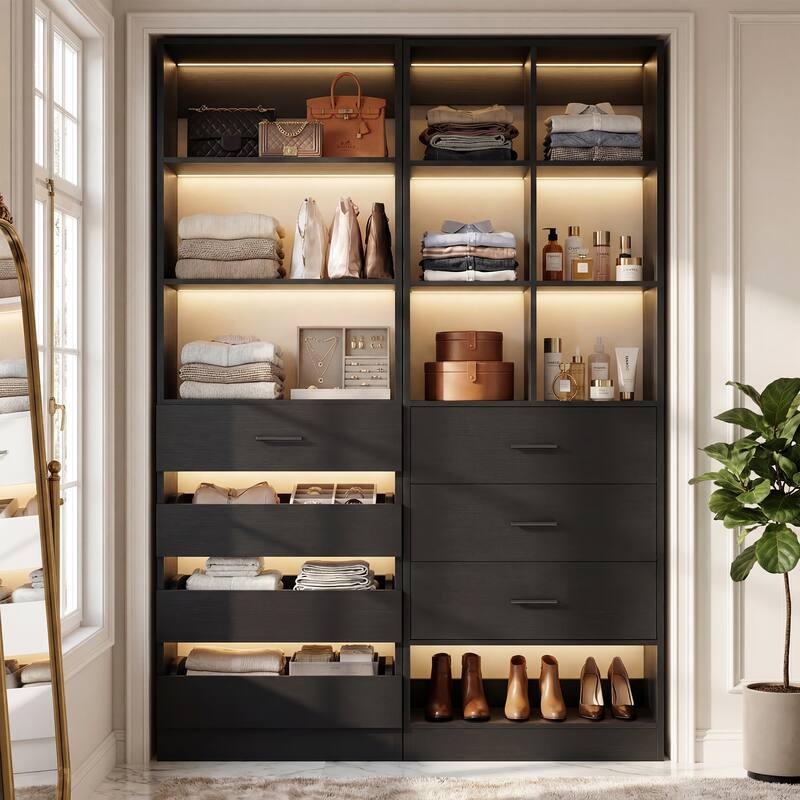 Set of 2 Closet System with 7 Wooden Drawers ＆ 4 Hanging Rods, Heavy Duty Walk-in Closet Organizer System with Shelves