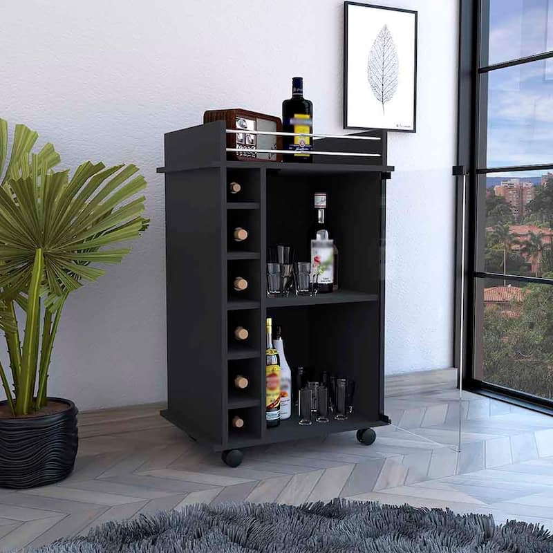 Sleek Bar Cart with Glass Door, Six Wine Cubbies, Locking Casters, Top Shelf - Carbon Espresso