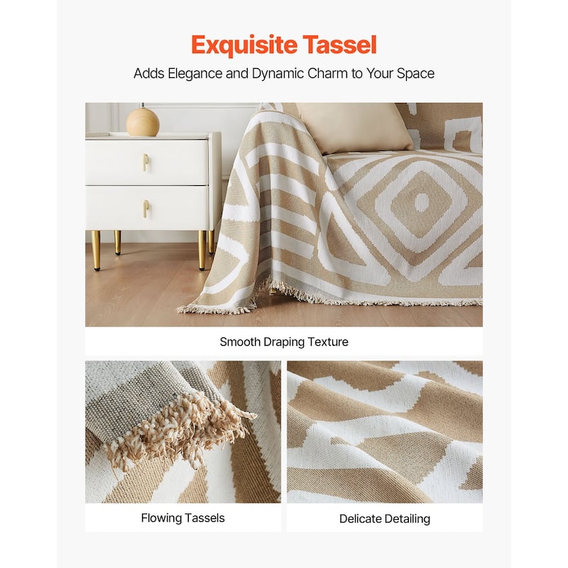 Khaki Jacquard Chenille Sofa Protector 117x71 Inch Full Coverage Couch Throw Blanket - 117.72” x 71.26”