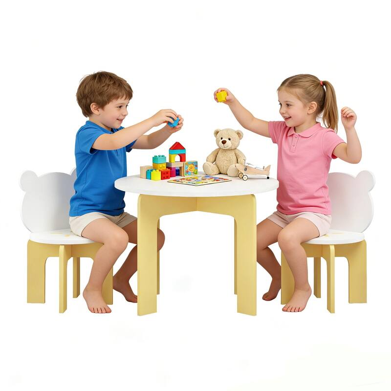 Kids Table and Chair Set, 3-Piece Toddler Table with 2 Chairs, Cute Bear-Back Chairs, Sturdy Wooden Activity Table Set