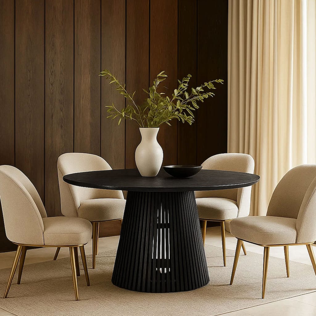Ridge 47 Inch Handcrafted Mango Wood Round Dining Table, Slatted Flared Base, Black
