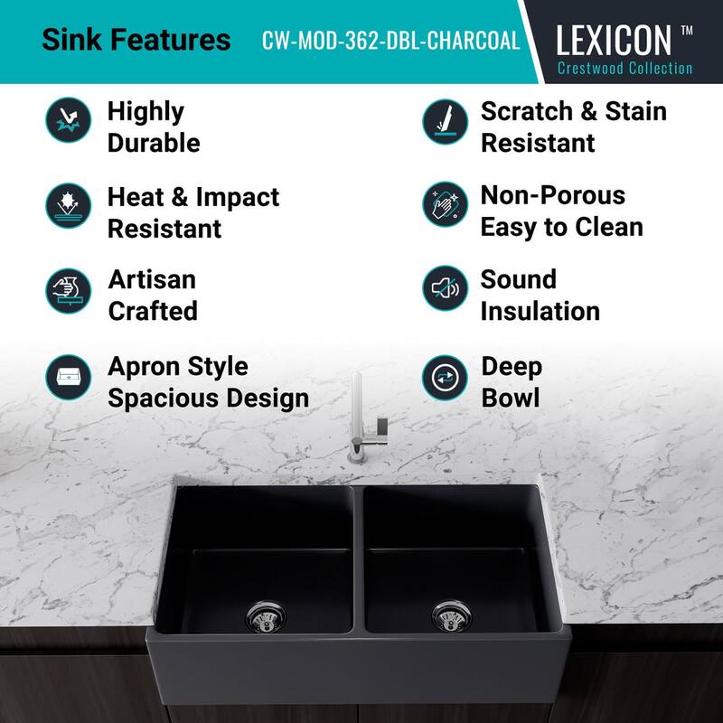 Crestwood 36" Modern Double Bowl Apron Fireclay Sink - Charcoal