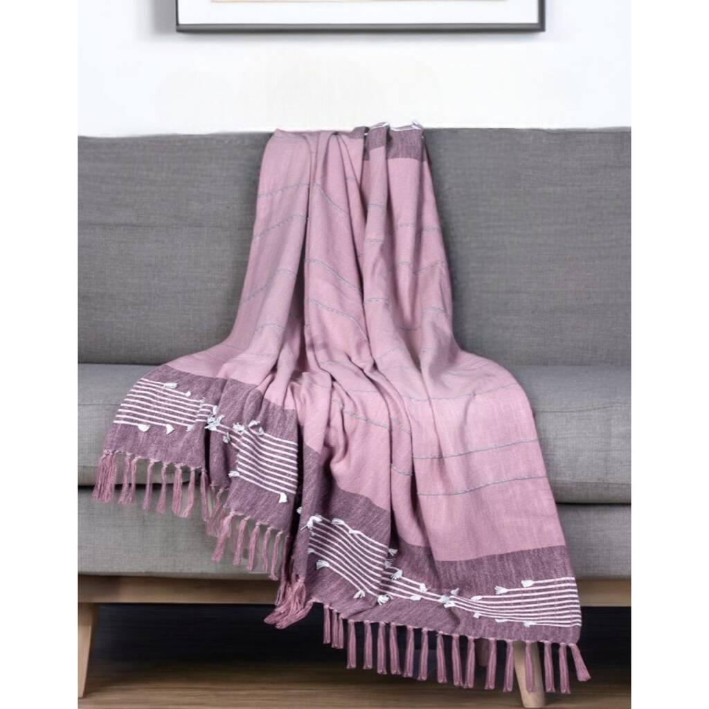 HomeRoots 50" X 60" Pink Woven Cotton Striped Throw Blanket with Tassels and Embroidery