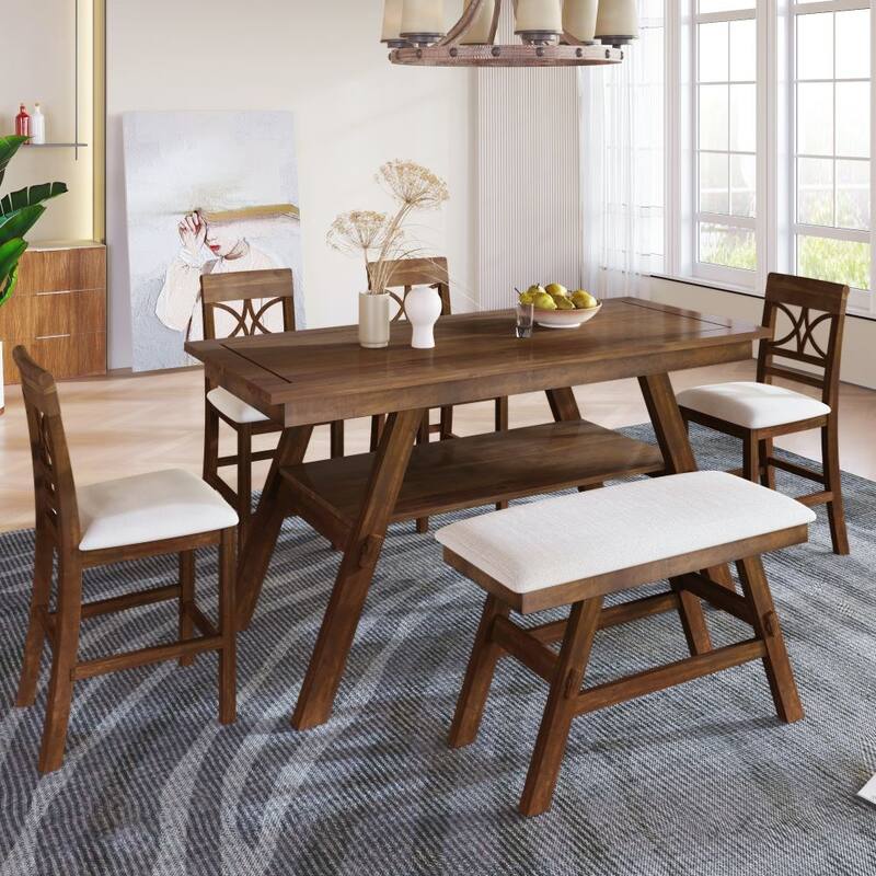 6-Piece Wood Counter Height Dining Table Set with Storage Shelf - Walnut