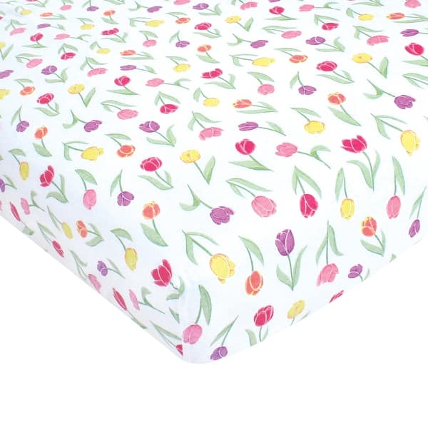 slide 1 of 1, Hudson Baby Infant Girl Cotton Fitted Crib Sheet, Spring Tulips, One Size - Spring Tulips - One Size One Size - Spring Tulips