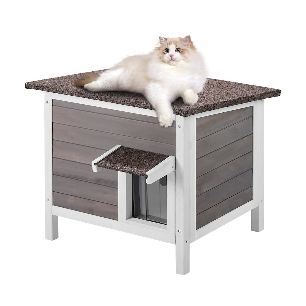 Grey Wooden Cat House with Asphalt Sloped Roof and PVC Flaps Door Suitable for Indoor or Outdoor - 24” x 20” x 21”
