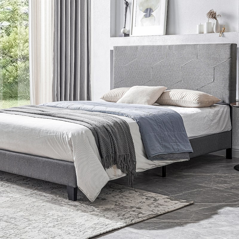Queen Size Upholstered Platform Bed Frame, Wood Slat Support, Easy Assembly, Grey