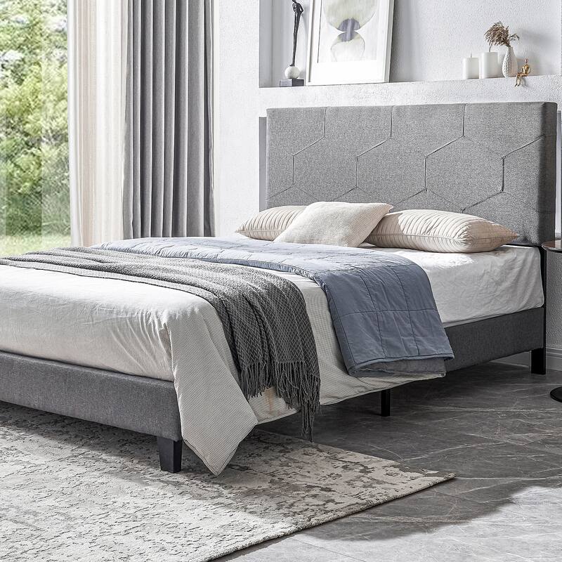 Queen Size Upholstered Platform Bed Frame with Wood Slat Support, No Box Spring Required, Easy Assembly