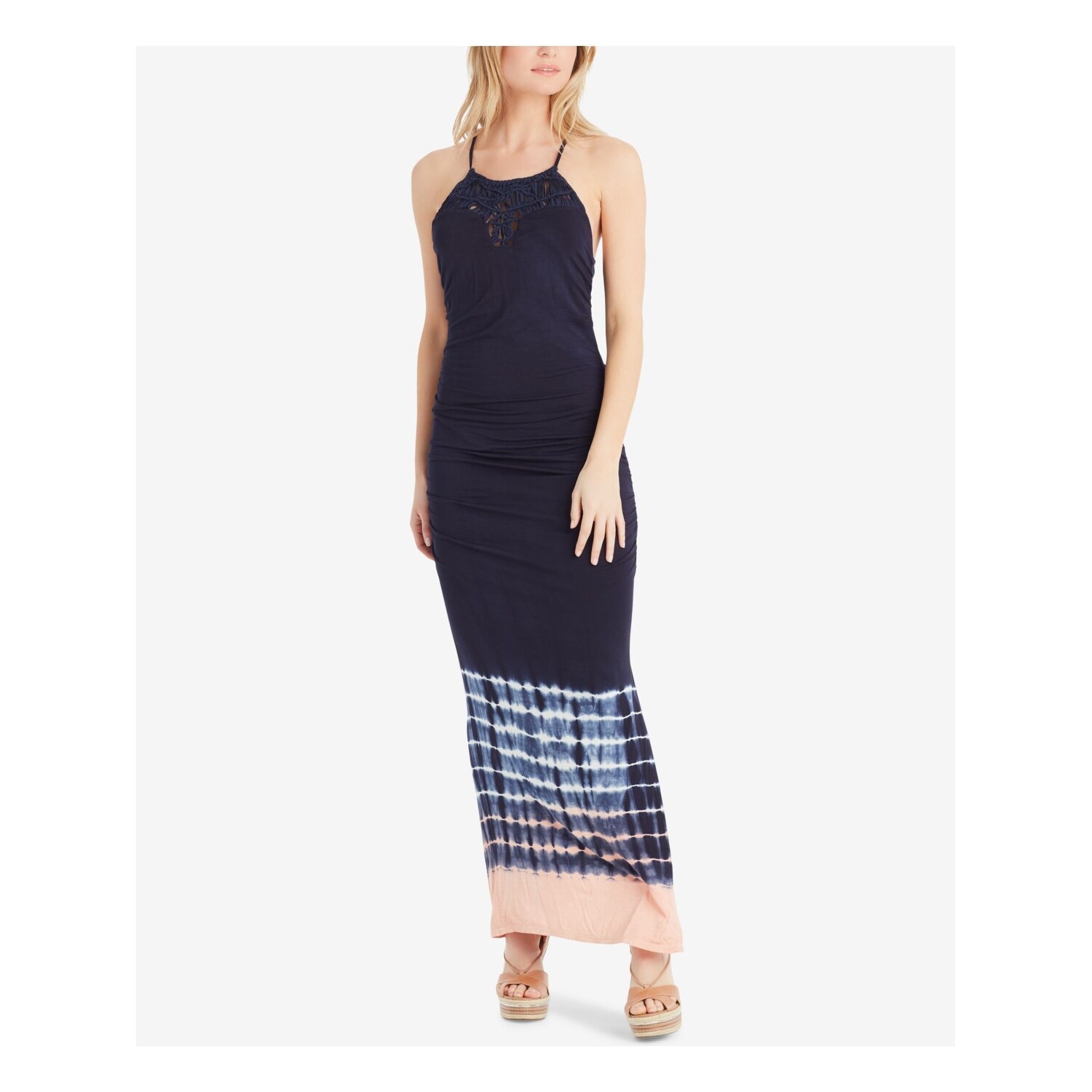 Shop Jessica Simpson Womens Navy Macrame Neck Tie Dye Spaghetti