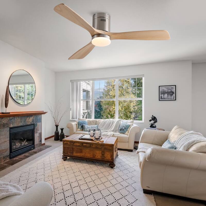 52In. Farmhouse Indoor Flush Mount Low Profile Ceiling Fan with Solid Wood Blades and Remote Control