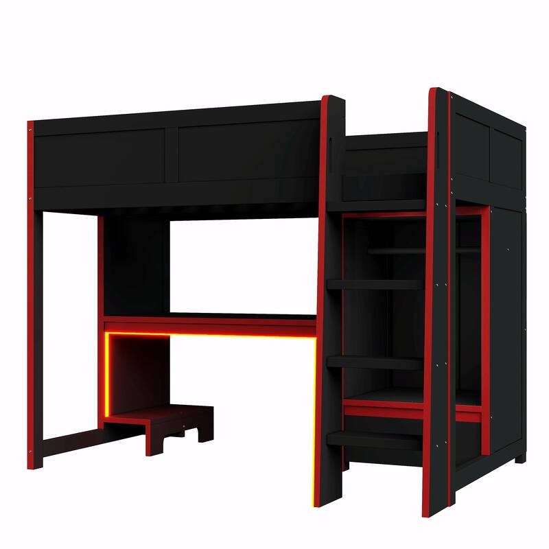 Wood Gaming Loft Bed with Built-In Desk, Wardrobe, LED Lights and Drawer