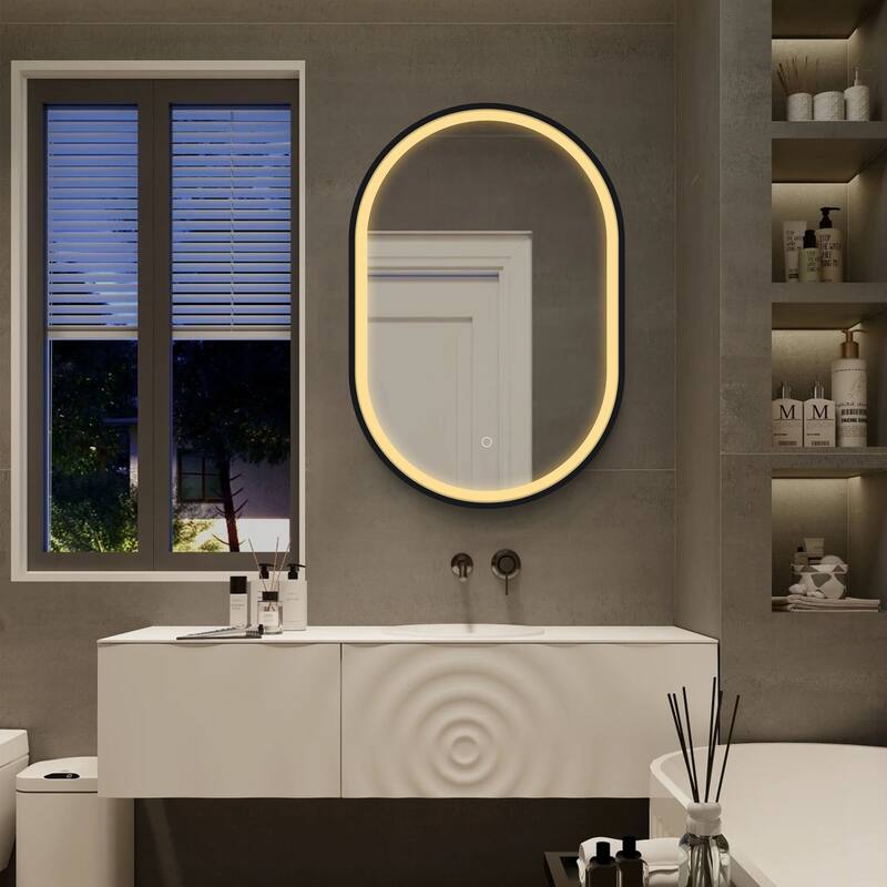 Framed Wall-Mounted Medicine Cabinet with Mirror, 3-Color Temperature LED Lighting, Anti-Fog, Black Iron Powder Material