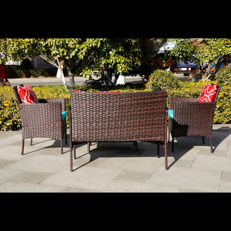 Four-Piece Sofa Set Table With Sofa Chair PE Rattan Outdoor Furniture With Emerald Green Color Cushion