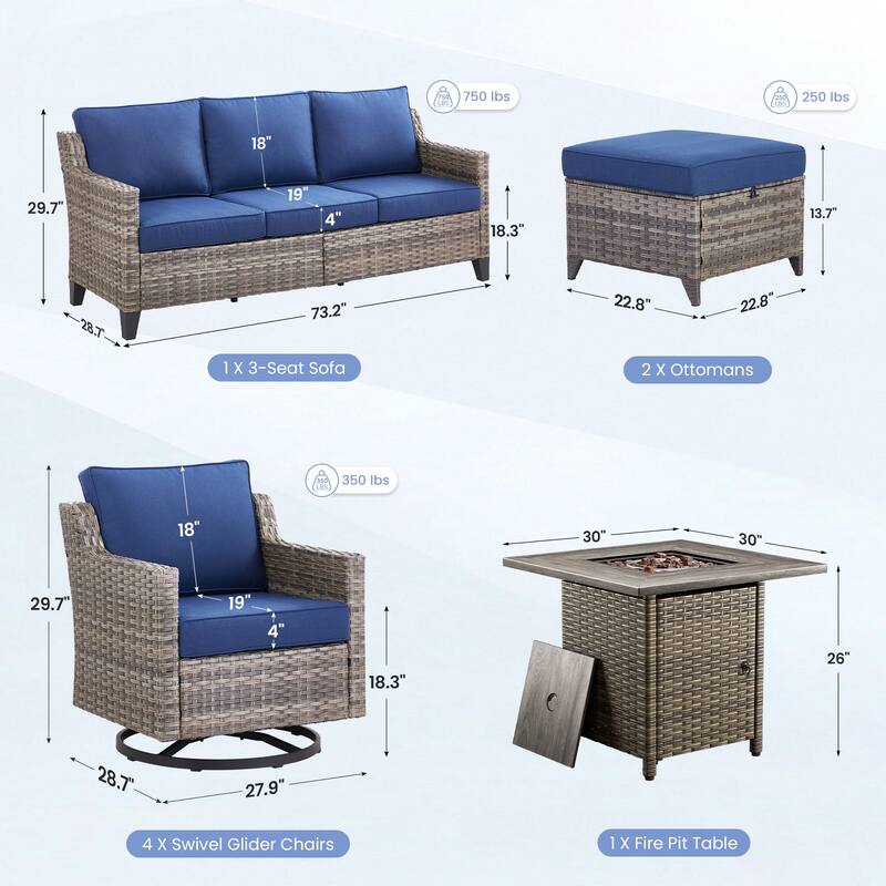 Pocassy 8-Piece Fire Table w/ Sofa Swivel Chair Ottoman