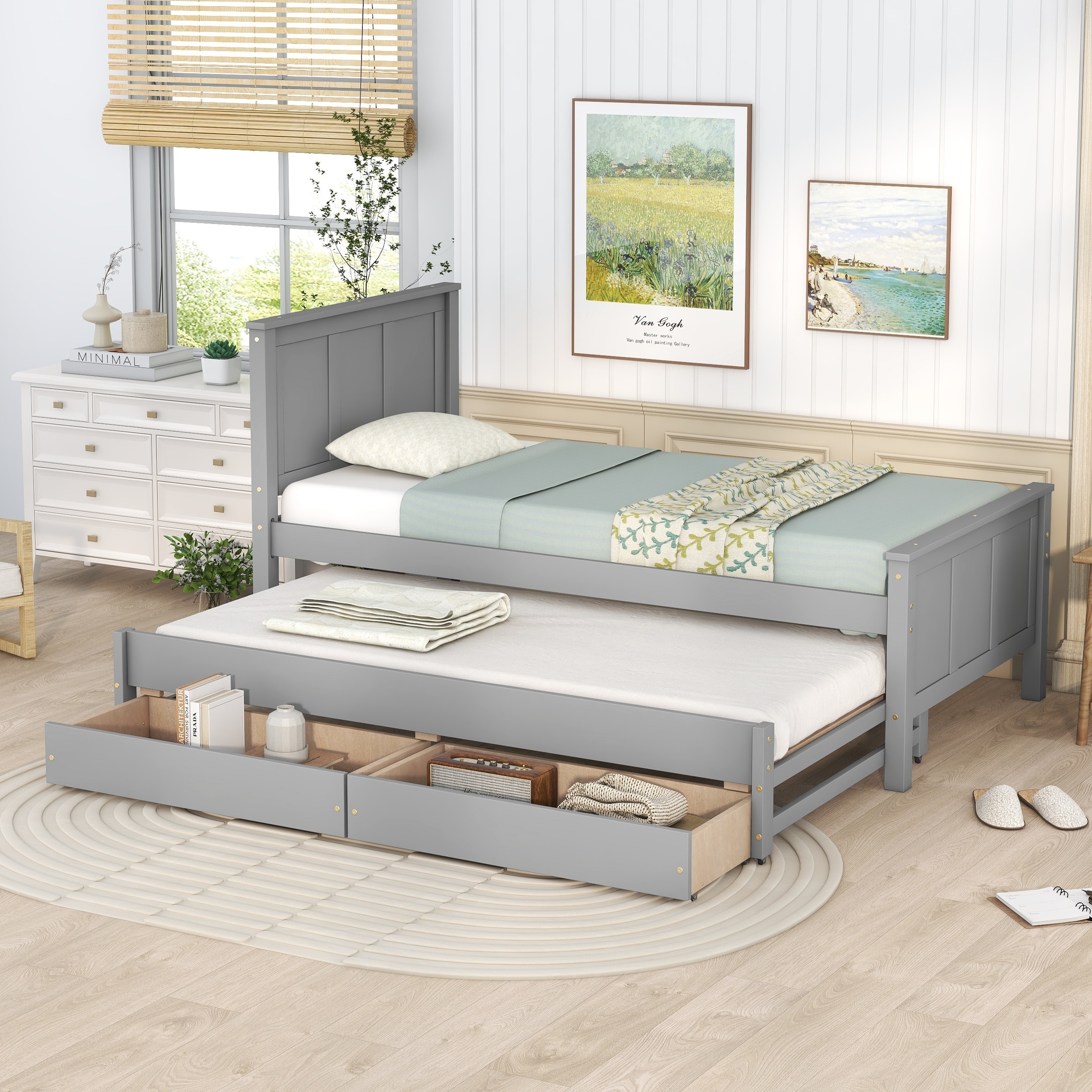 With Trundle and Drawers，Modern style Twin Size Platform Bed Very suitable for bedrooms Grey