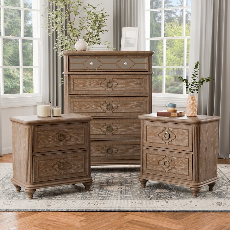Furniture of America Aveline Modern 3-Piece Rustic Oak Chest and 2 Nightstand Bedroom Set - Rustic Oak