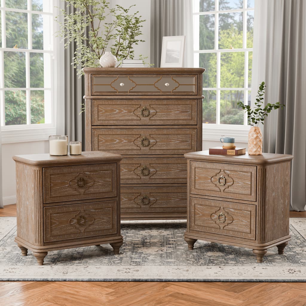 Furniture of America Aveline Modern 3-Piece Rustic Oak Chest and 2 Nightstand Bedroom Set