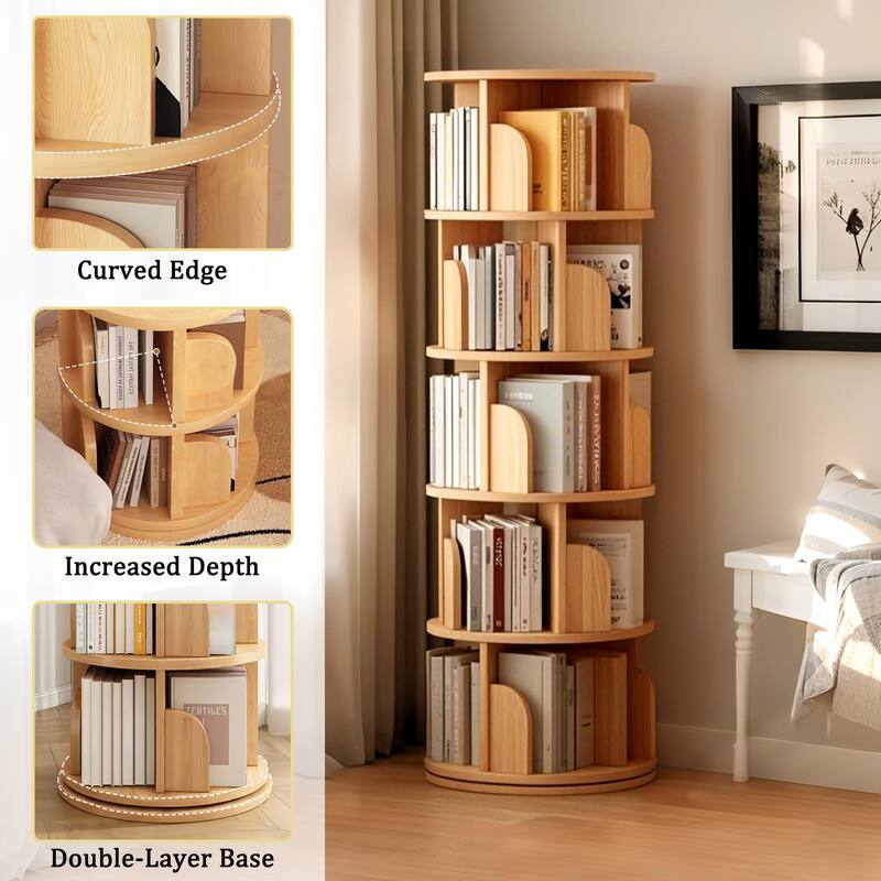 Rotating Bookshelf, 360 Display 5 Tier, Floor Standing Bookcase Storage Rack, Wood Narrow Book Shelf Organizer