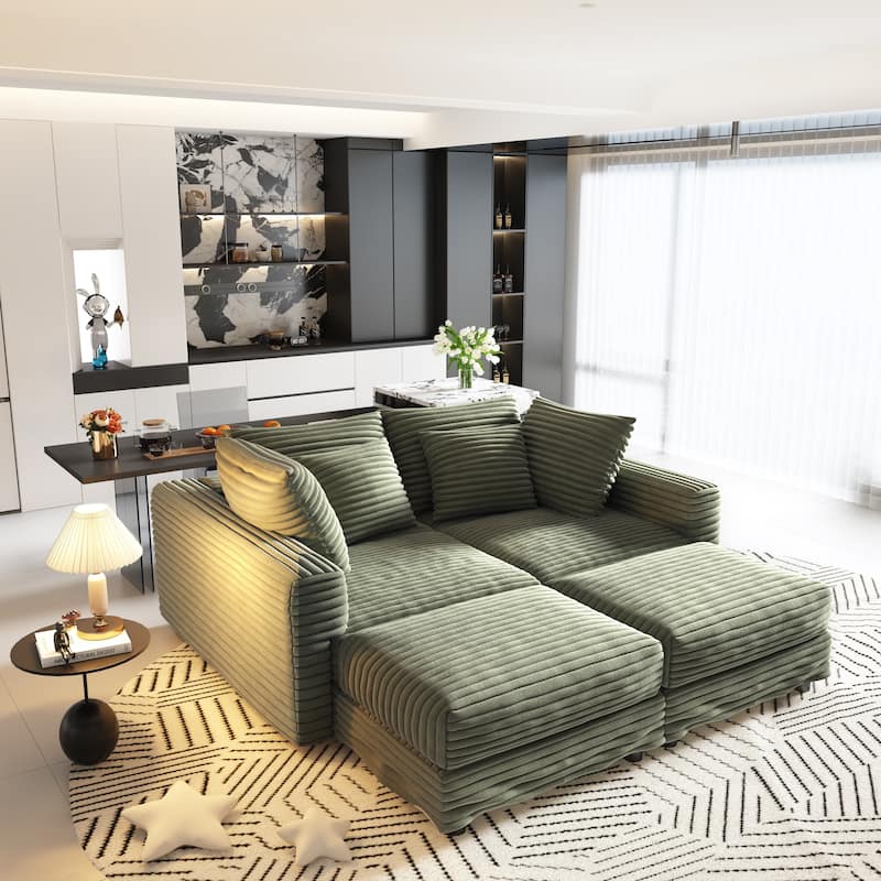 102.4" Corduroy Couch with Ottomans, 4 Seat Convertible Modular Sectional Sofa, Upholstered Couches with Pillows for Living Room
