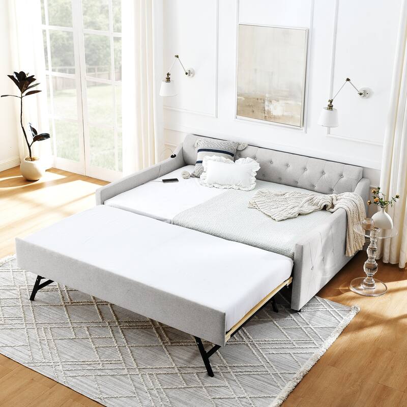 Upholstery Daybed with Erectable Trundle & USB Design