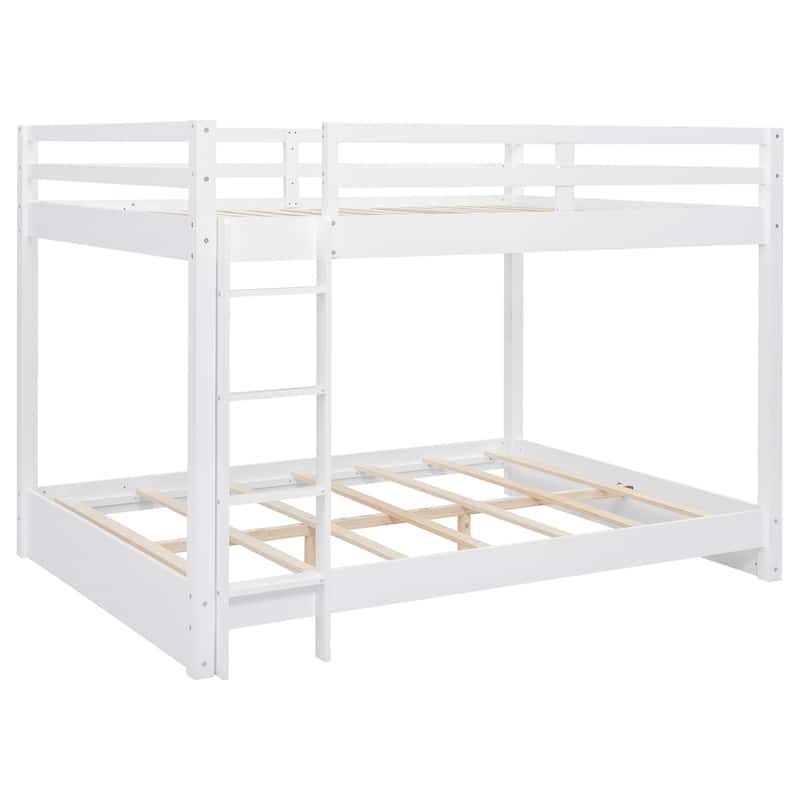 Wooden Queen Size Bunk Bed, Solid Pine Queen over Queen Bunk Bed Frame with Built In Ladder and Full Length Guardrail