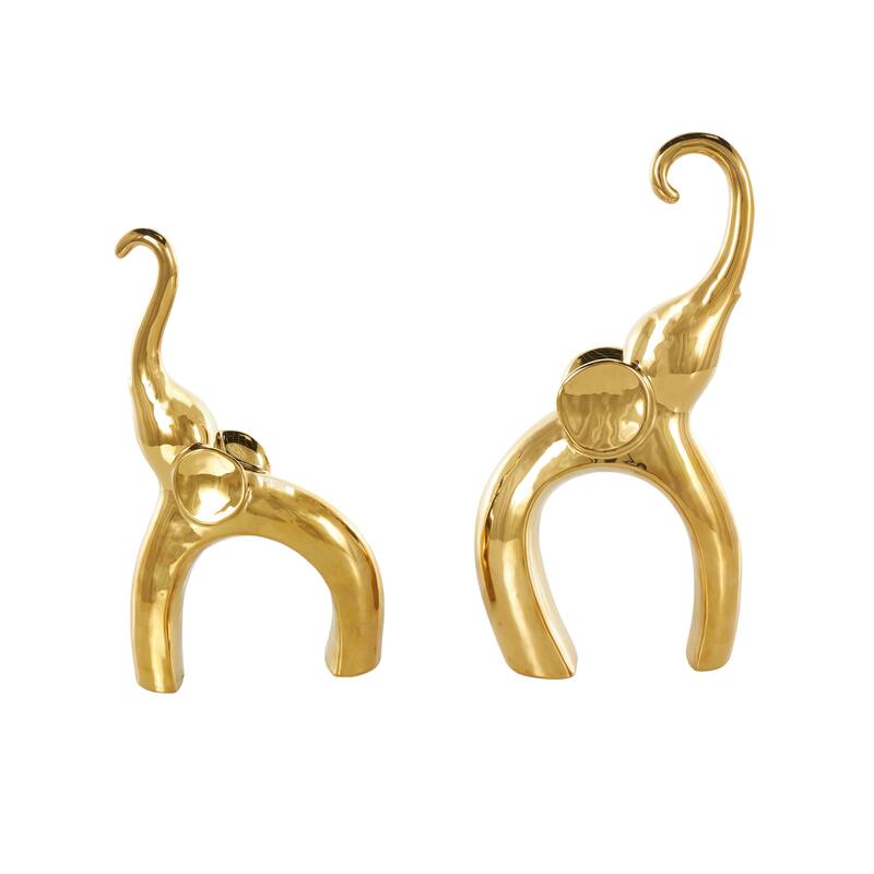 Silver or Gold Ceramic Abstract Arched Cutout Elephant Decorative Sculpture (Set of 2)