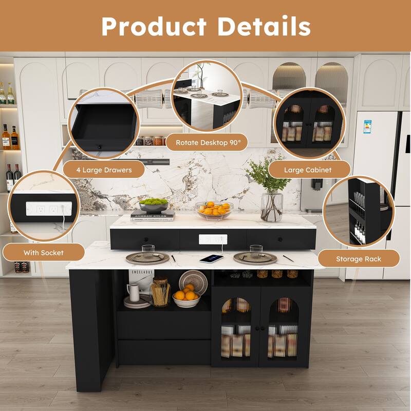 Kitchen Island with Extendable Rotating Table, 4 Drawers, Glass Doors & Built-in Socket