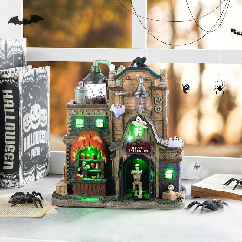 Glitzhome 11"H Lighted Resin Haunted House Table Village Halloween Decorations Gift