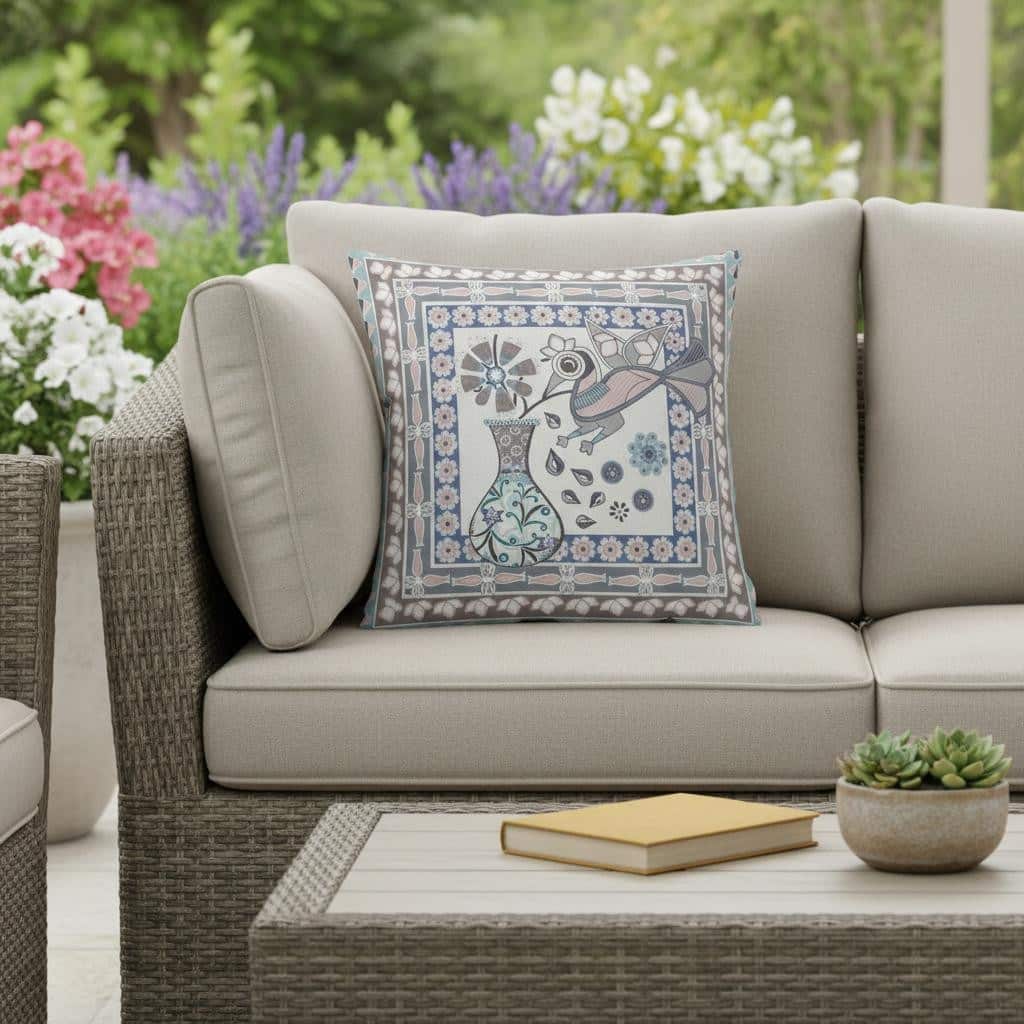 HomeRoots 18" x 18" Blue and Gray Peacock Blown Seam Floral Indoor Outdoor Throw Pillow - 18.00' X '5.00' X '18.00