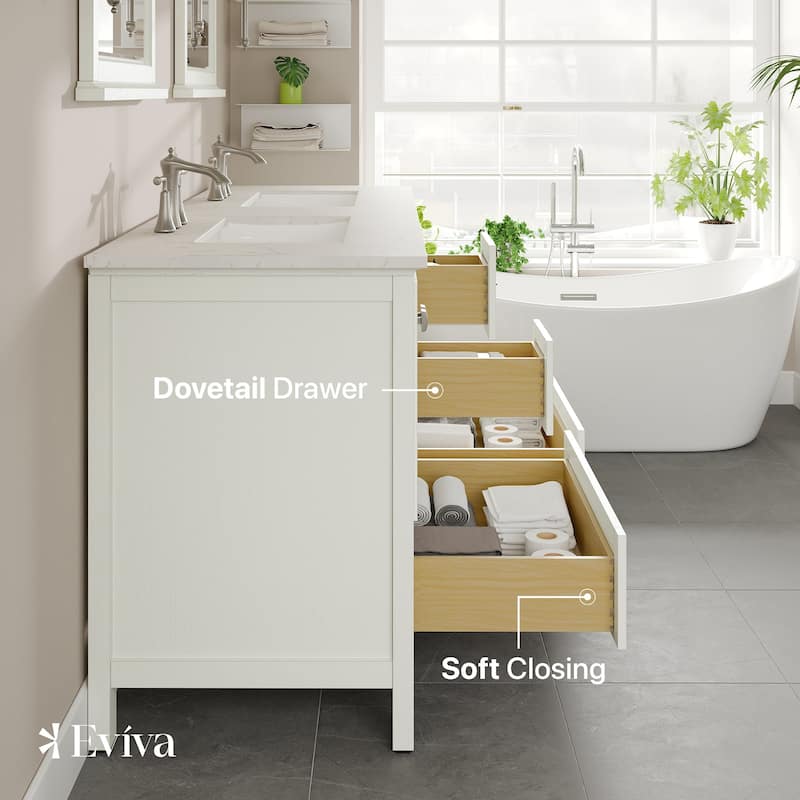 Eviva Britney 60"W x 22"D White DS Bath Vanity with Carrara Quartz Top