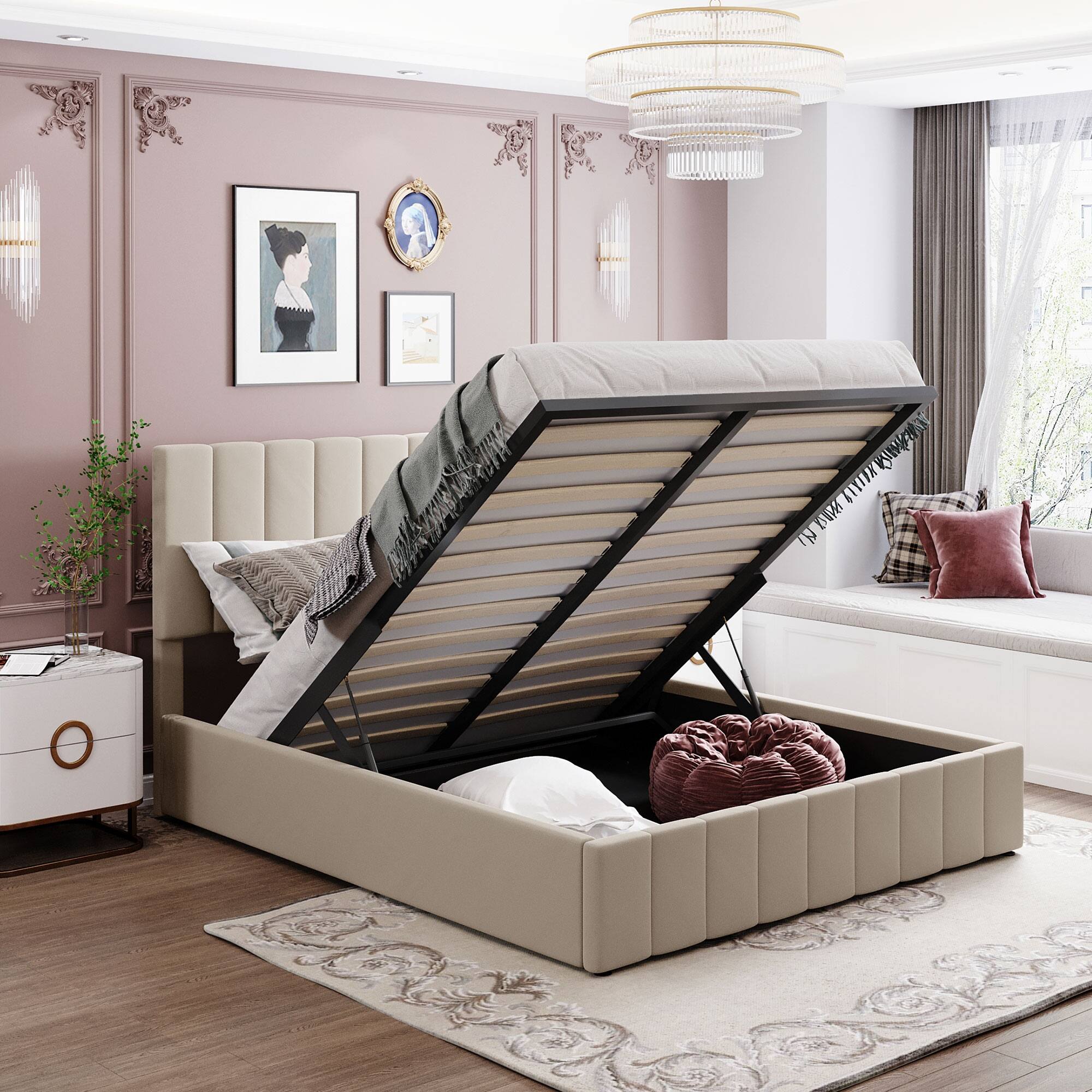 Upholstered Queen Size Platform Bed with Hydraulic Storage System and Elegant Design Bed Bath