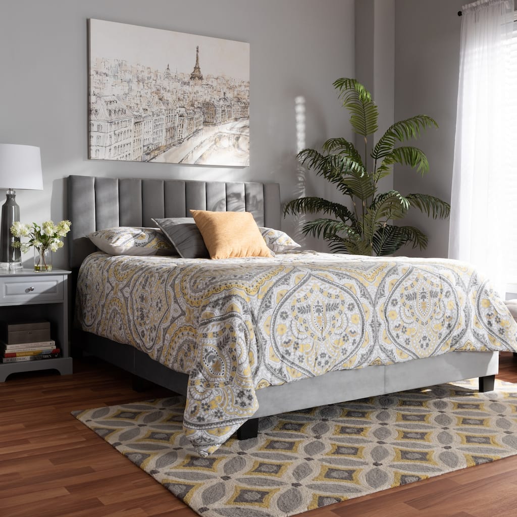 Grey Velvet Queen Panel Bed with Channel Tufted Headboard and Modern Glam Style