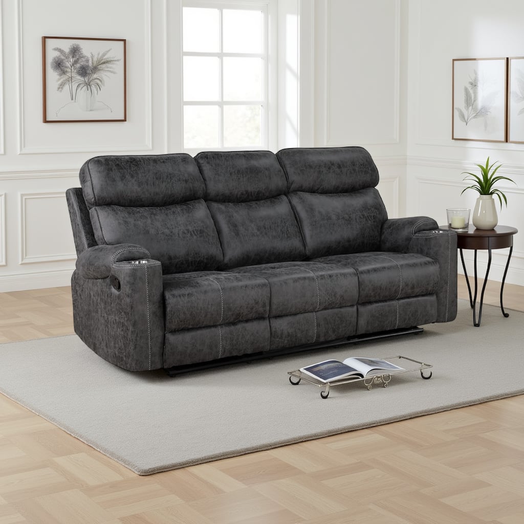Hori Manual Recliner Sofa, 86 Inch, Dark Gray Microfiber, Cupholders
