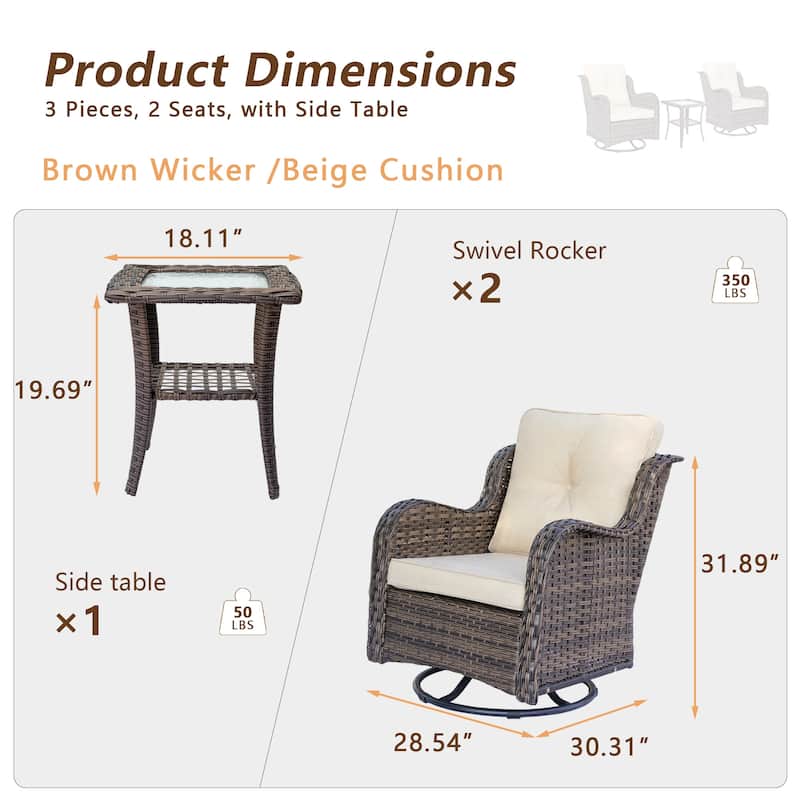 3 Piece Outdoor Patio Furniture Wicker High Back Swivel Chairs Set of 2