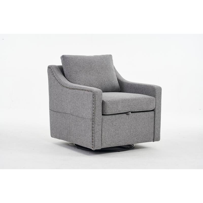 Linen Upholstered Swivel Accent Chair, Ergonomic Single Sofa Chair, Lounge Reading Chair with Nailhead Decor & Metal Base