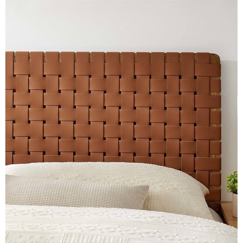 Ditmas Solid Wooden Brown Leather Basket Weaved King Size Headboard