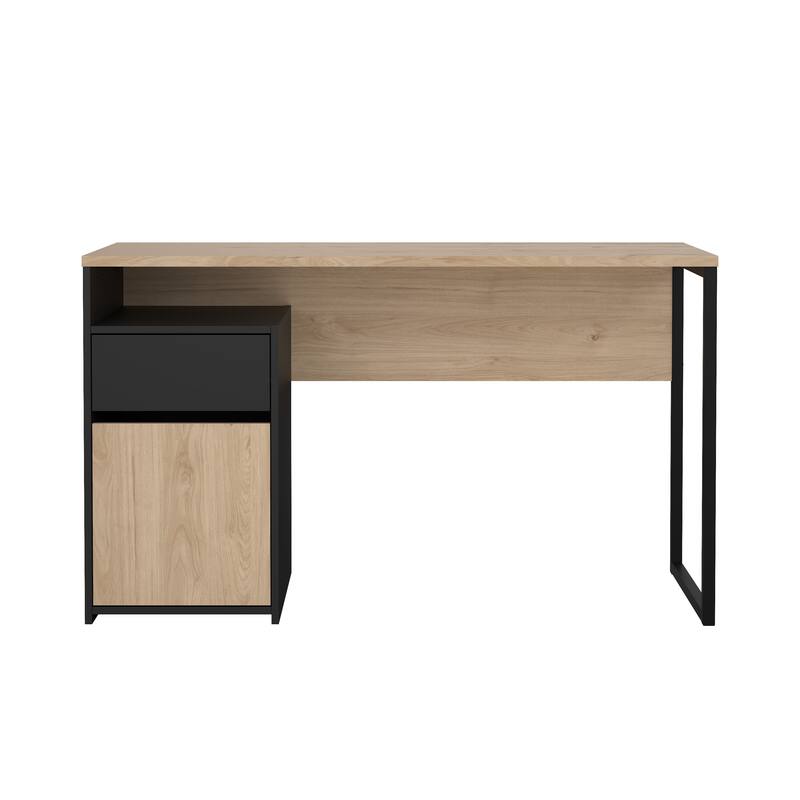 Porch & Den Waylon Home Office Writing Desk with 1 Door and 1 Drawer, Jackson Hickory/Black Matte