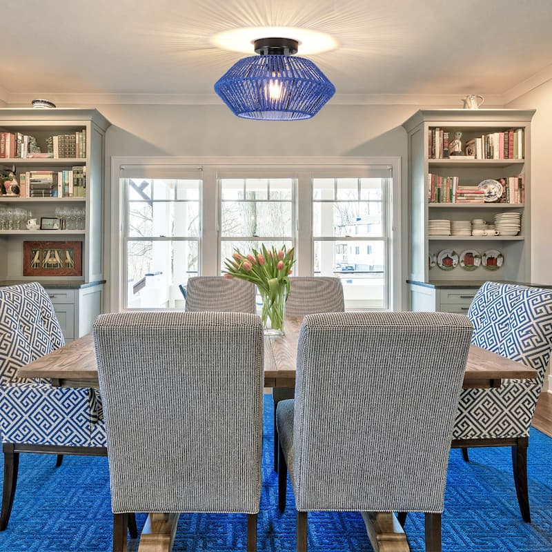 Modern Farmhouse Style Hand-Woven Rattan Semi Flush Mounts Light Fixture for Kitchen Living Room