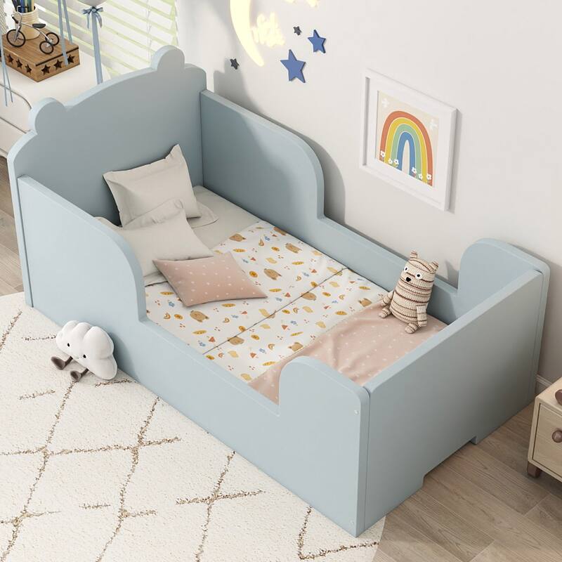 Bear Shape Toddler Floor Bed Frame, Cot Bed for Boys and Girls Ages 3-6, White - Blue
