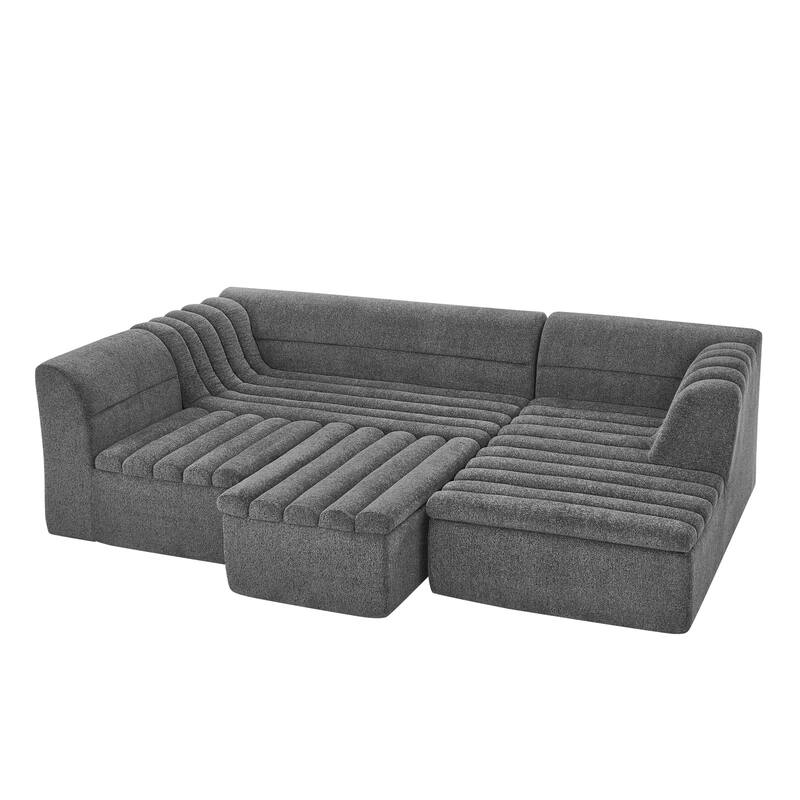 Roomfitters U-Shaped Modular Sectional Sofa with Chaise and Movable Ottoman, Chenille Upholstery and Wave-Shaped Armrest