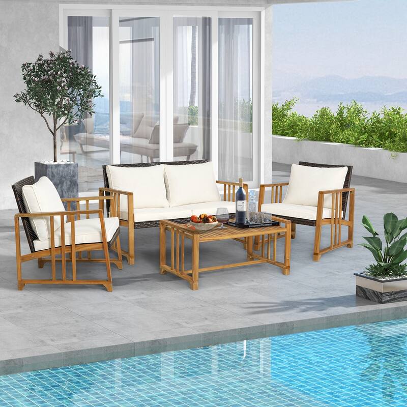 Costway 4PCS Patio Mix Brown Wicker Sofa Set Acacia Wood Frame with - See Details - Mix Brown+Off-White - See Details