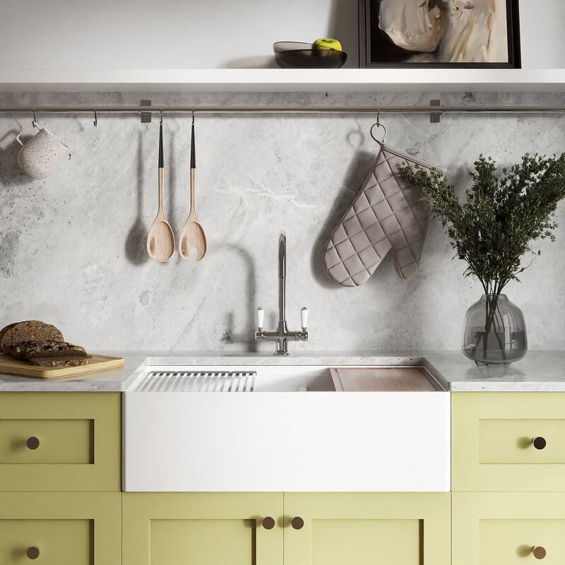 Ruvati 33 inch Fireclay Workstation White Farmhouse Kitchen Sink Apron Front Double Bowl - RVL2382WH - 30 x 18