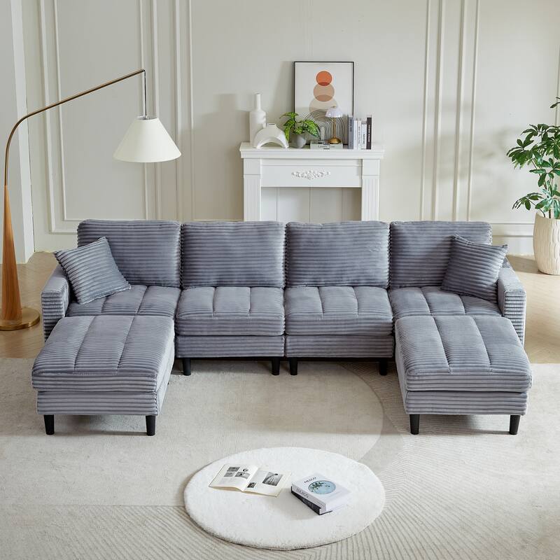 122.5" Corduroy U-Shaped Sectional Sofa with Ottomans & Pillows