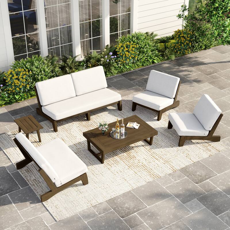 Casual Large Teak Outdoor Patio Conversation Set - Natural Wood - Beige-6 Piece